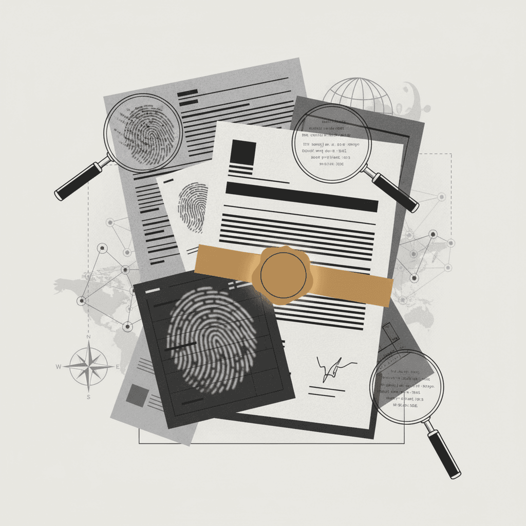 A scattered arrangement of documents, magnifying glass, and fingerprint records on a neutral background with ochre accent color.