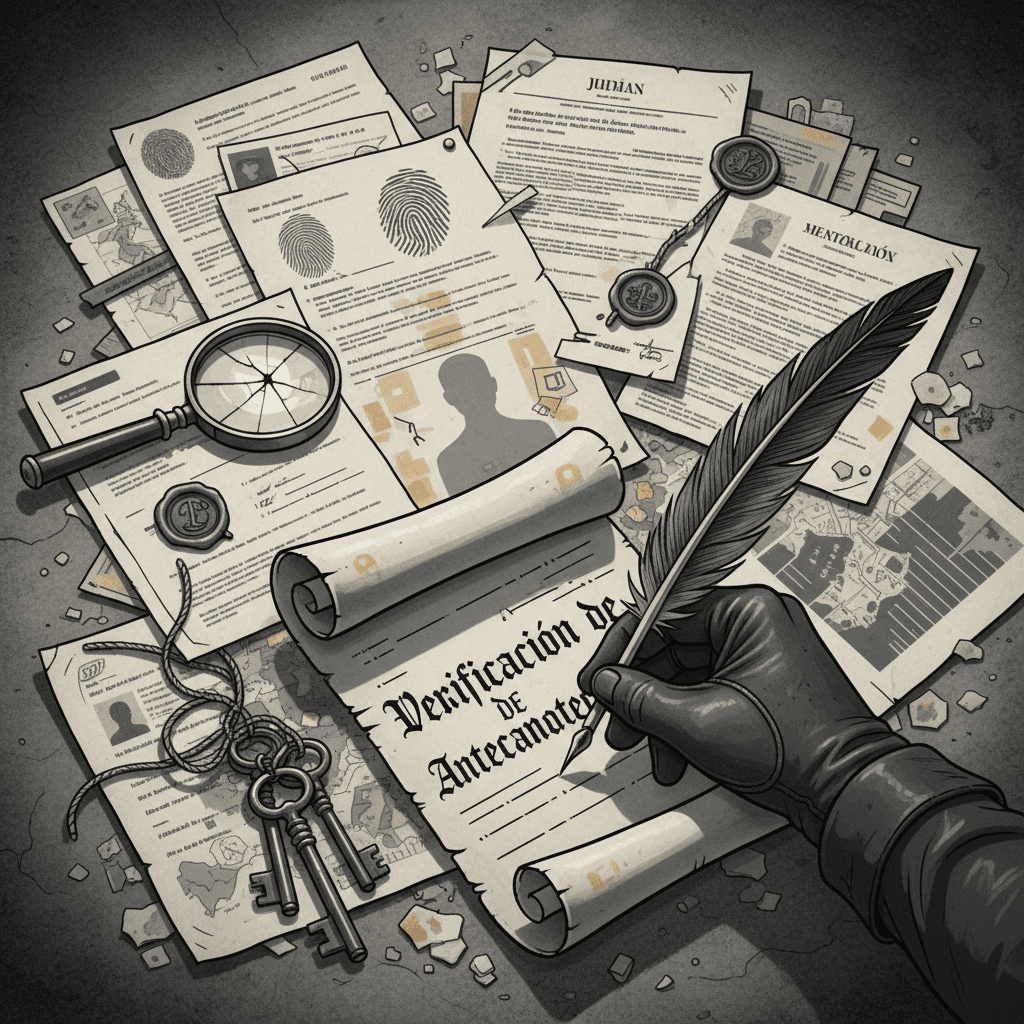 A magnifying glass examines official documents and files against a neutral background with ochre accent color.