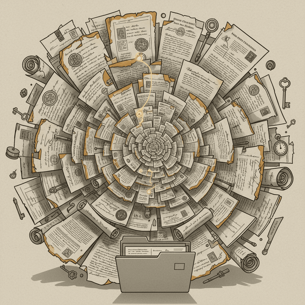Monochrome photograph of old documents and official papers stacked with an ochre-colored magnifying glass resting on top.