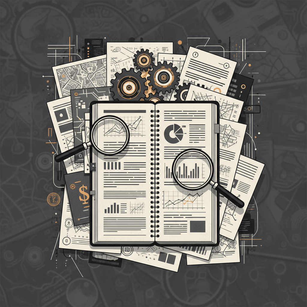 # Alt text for due diligence checking blog cover

"Stacked documents and magnifying glass with ochre accent on monochrome background, representing investigation and verification."
