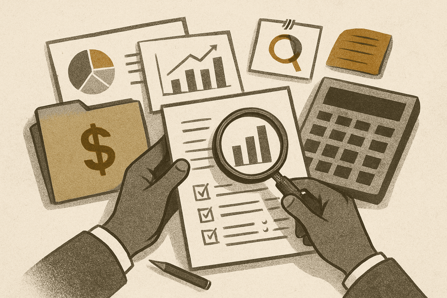 # Alt Text Options

**Option 1:**
Stacked financial documents and files with ochre folder accent, representing systematic review and verification processes.

**Option 2:**
Layered papers and evidence folders in grayscale with single ochre file, symbolizing organized financial investigation.

**Option 3:**
Organized stack of financial records and documents with ochre accent piece, depicting thorough audit documentation.