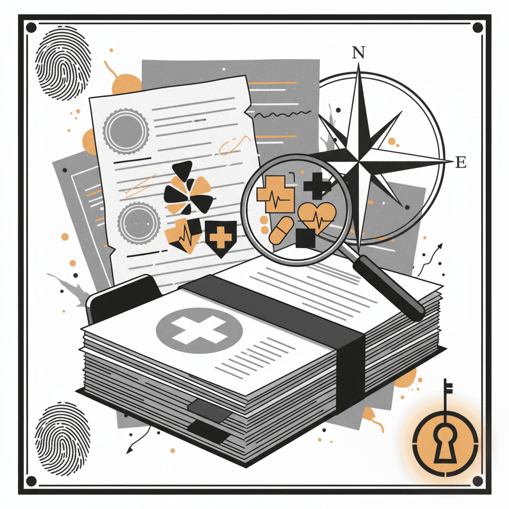 Medical documents and compliance records organized with magnifying glass, ochre folder accent visible.