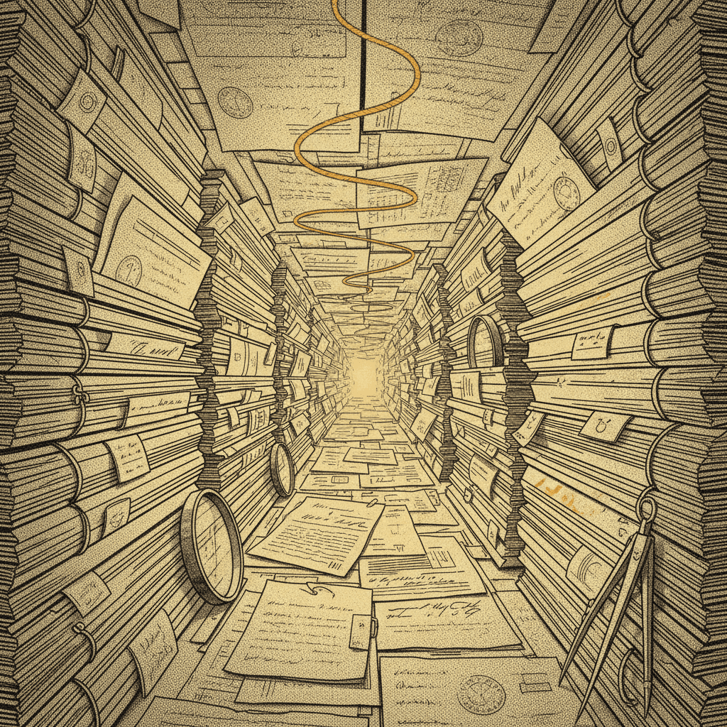 A magnifying glass examines official documents and records against a muted, monochromatic background with warm ochre accents.
