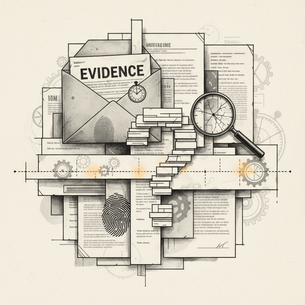 Scattered official documents, checkmarks, and magnifying glass arranged on neutral background with ochre accent line.