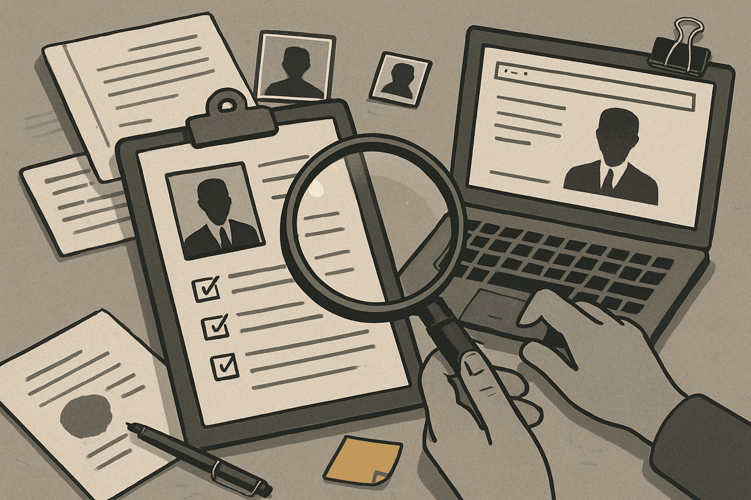 A desk arrangement featuring scattered documents, a magnifying glass, and a checkmark symbol, rendered in monochrome with ochre accents.