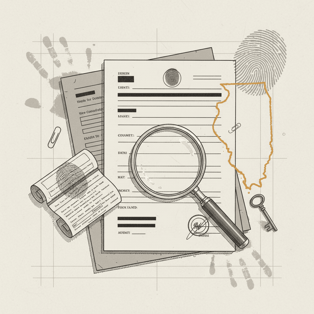 # Alt Text

Official document with verification stamp and magnifying glass on neutral background with ochre accent line.