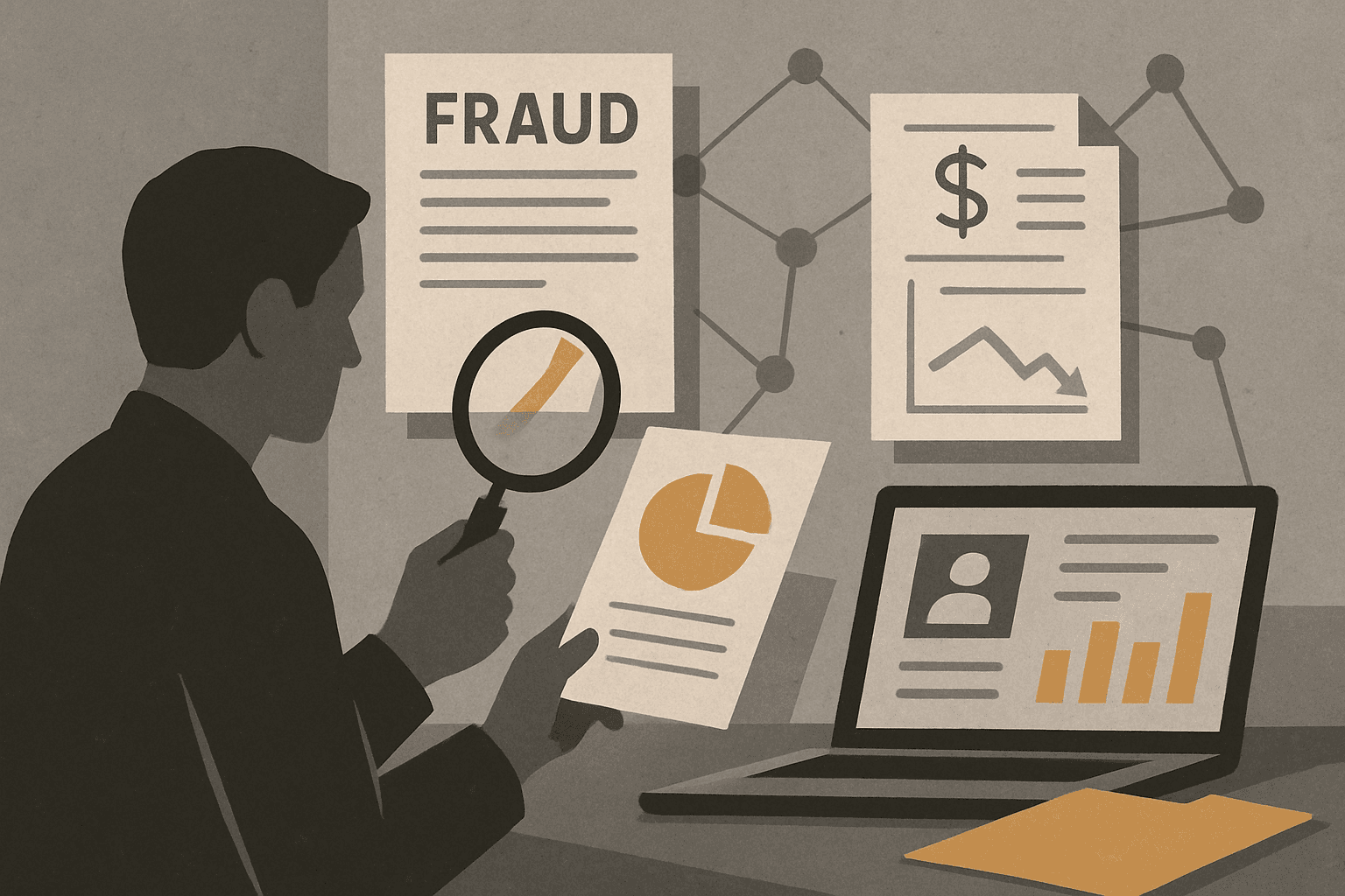 # Alt Text:

Layered documents and evidence files with ochre accent color on monochrome background, suggesting investigation materials.