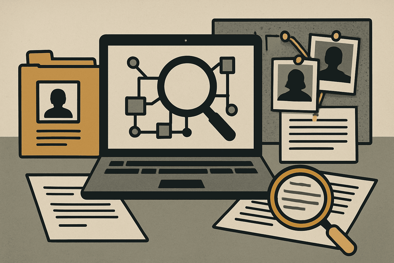 # Alt Text:

Monochrome scattered documents and evidence markers arranged with ochre accent lines on neutral background.