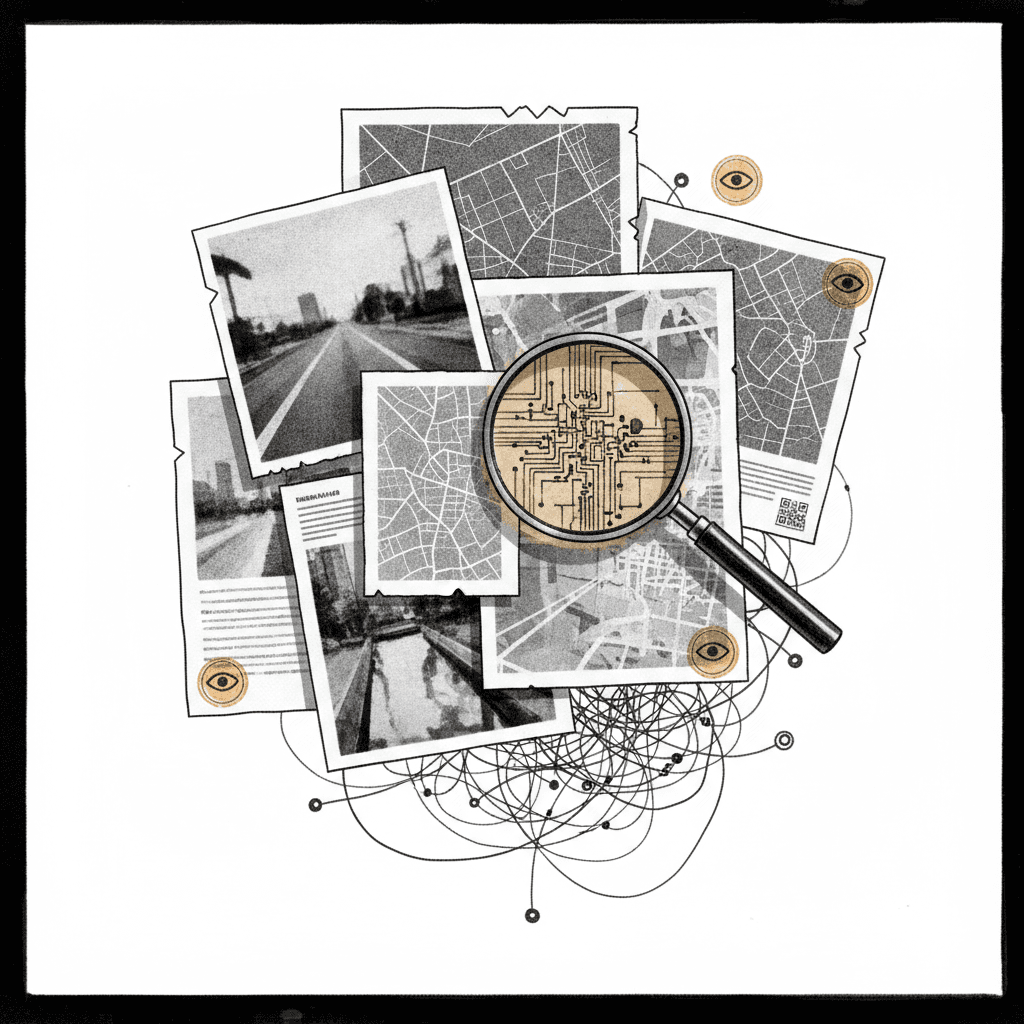 Magnifying glass examining scattered photographs and documents on a neutral surface with ochre accent detail.