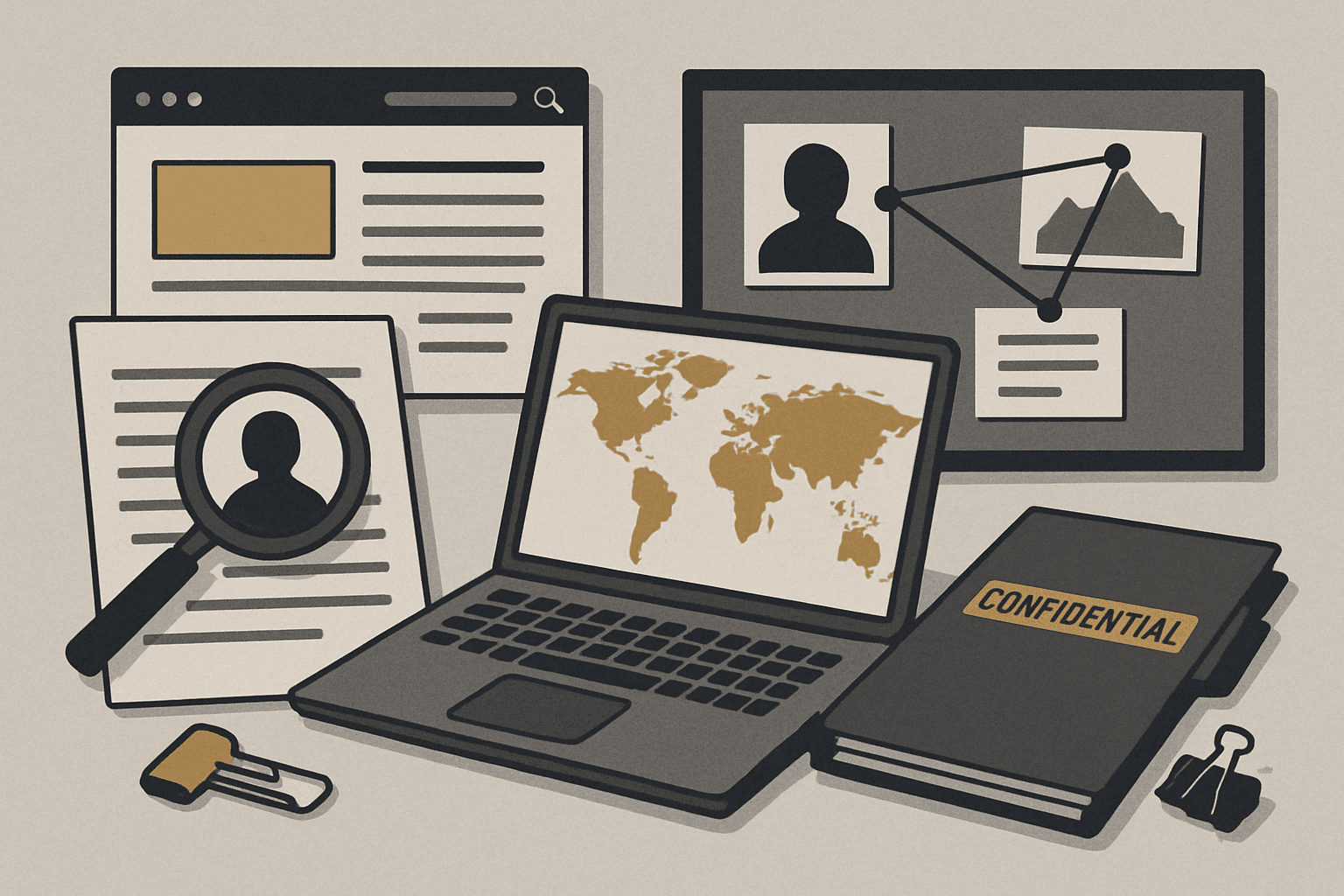 # Alt text:
Stacked documents and evidence files with ochre accent color against monochrome background, suggesting investigation and information gathering.