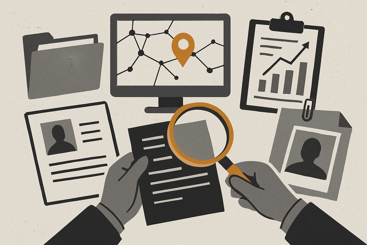 A stack of documents and evidence files with a magnifying glass, rendered in monochrome with an ochre accent color.