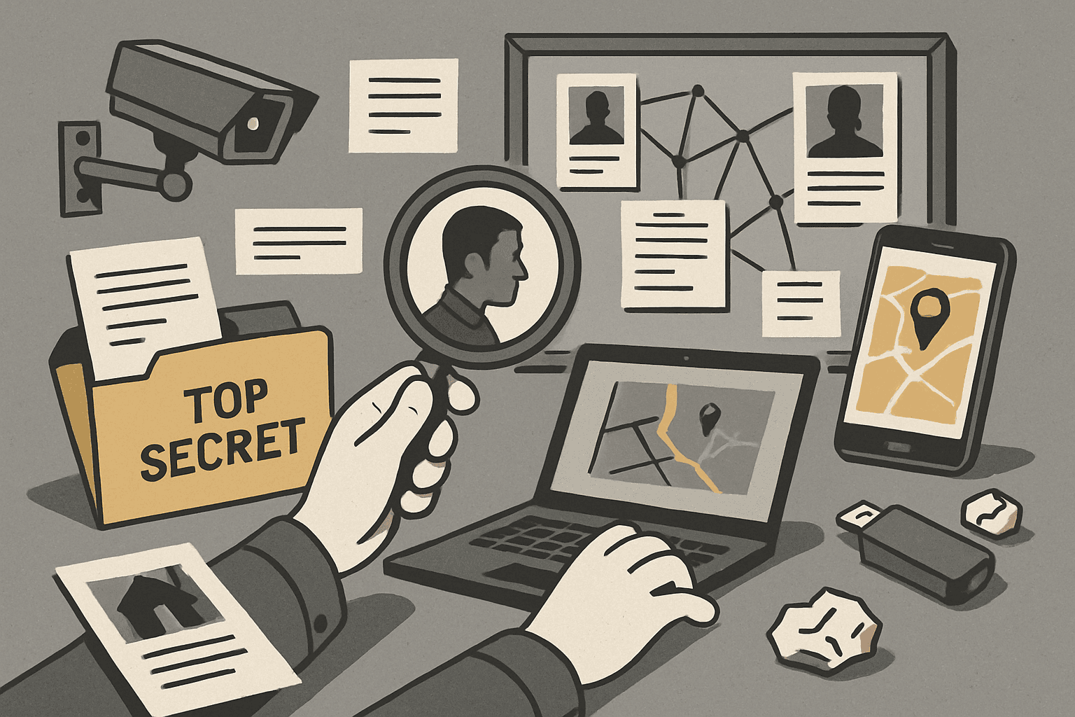 # Alt Text for OSINT Blog Image

Stacked documents and magnifying glass with ochre accent detail on monochrome background.