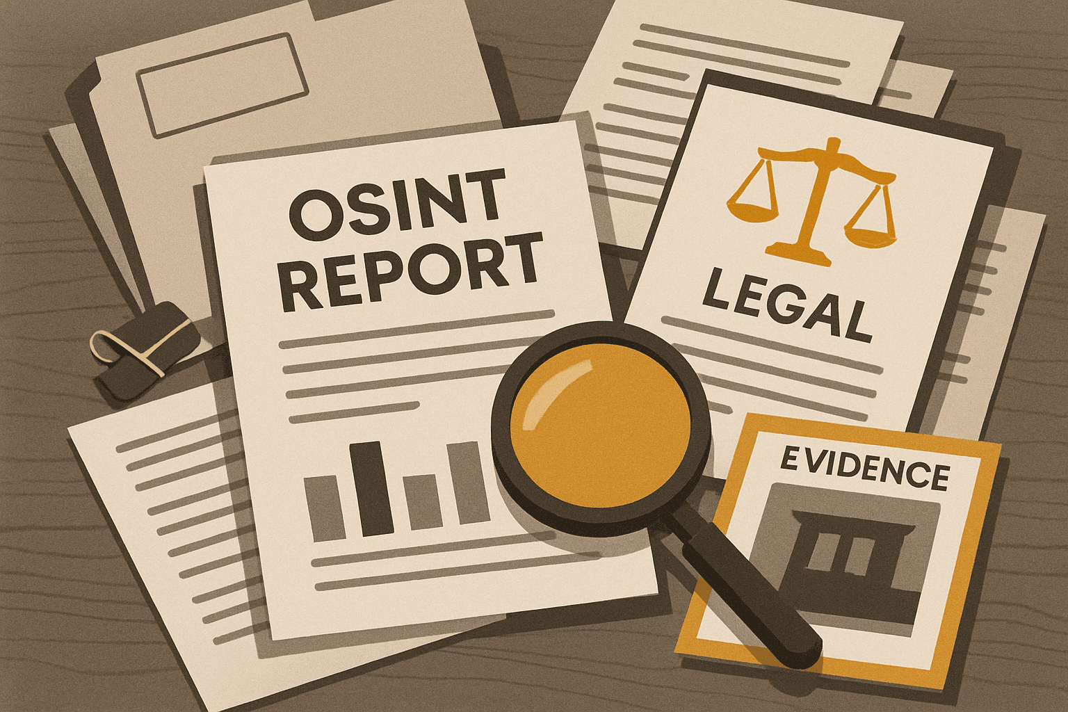 # Alt Text

Stacked document pages with a magnifying glass and evidence markers, emphasizing investigation and legal analysis materials.