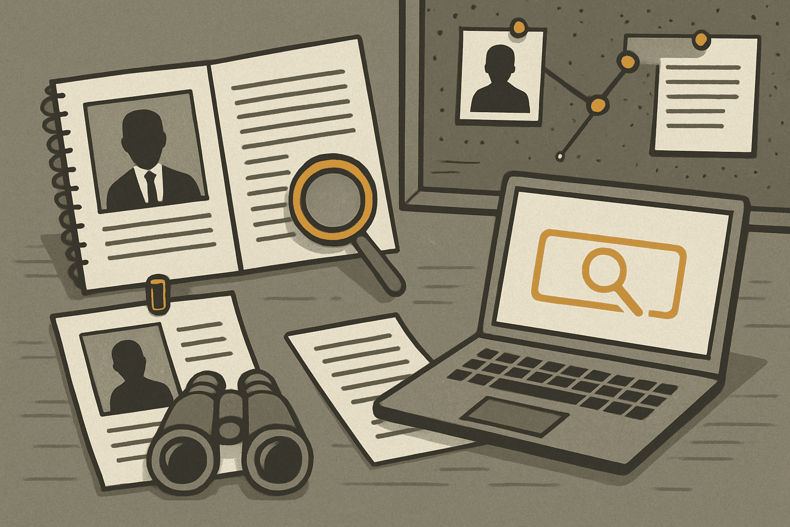 Scattered documents and magnifying glass on dark surface with ochre file folder accent.