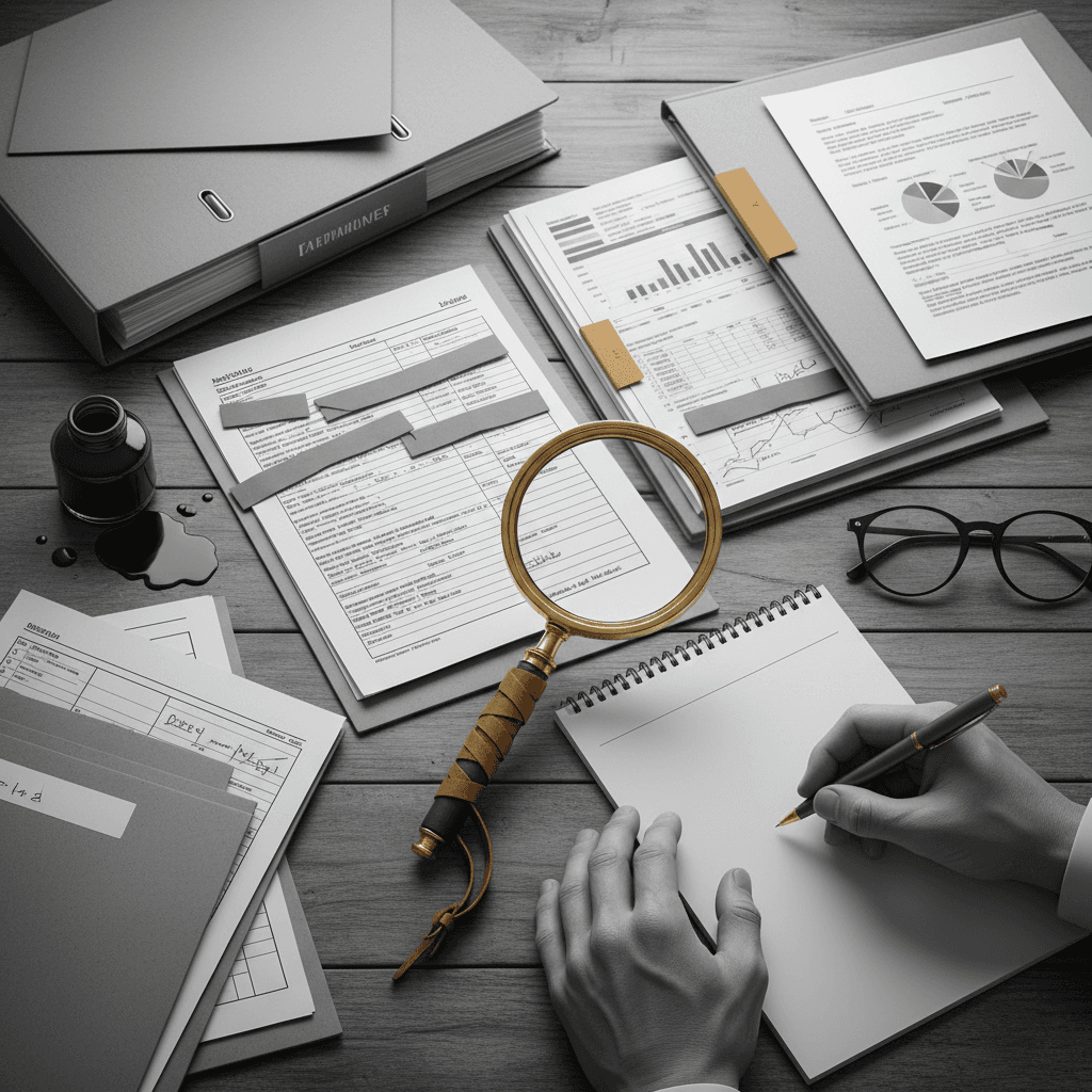 A stack of business documents and folders arranged with a magnifying glass and ochre-colored accent element highlighting details.