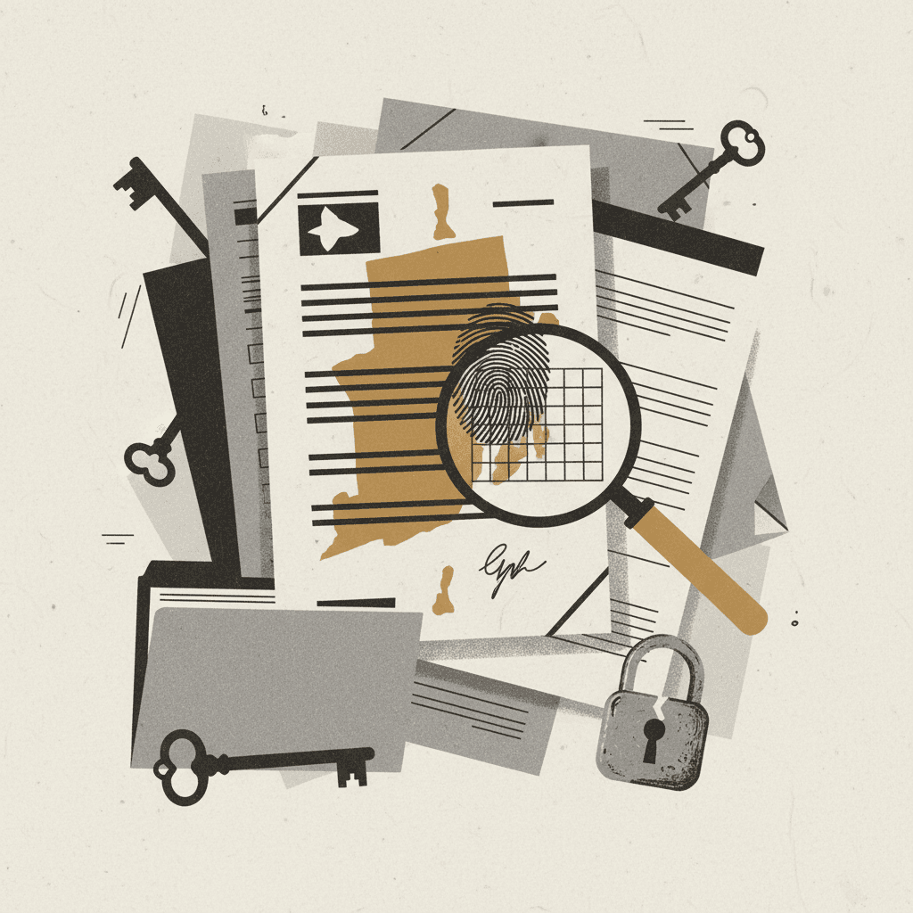 # Alt Text

Monochrome documents and folders with ochre accent line, representing legal paperwork and background check records.