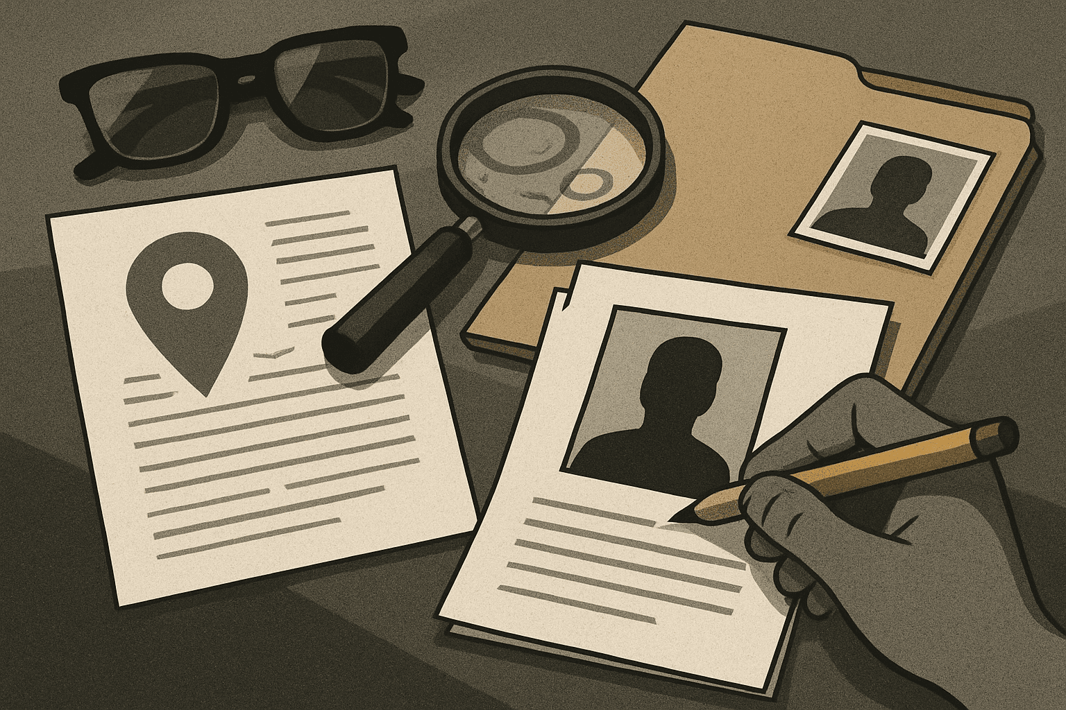 # Alt Text:

Scattered documents, a magnifying glass, and file folders arranged on a neutral surface with an ochre accent detail.