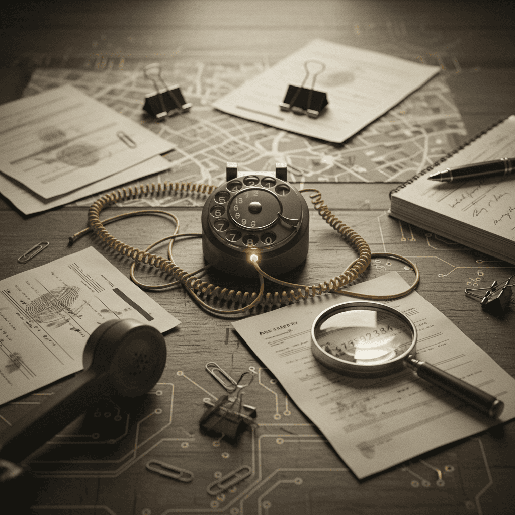 A smartphone displaying a phone number surrounded by scattered documents, magnifying glass, and filing folders with ochre accents.
