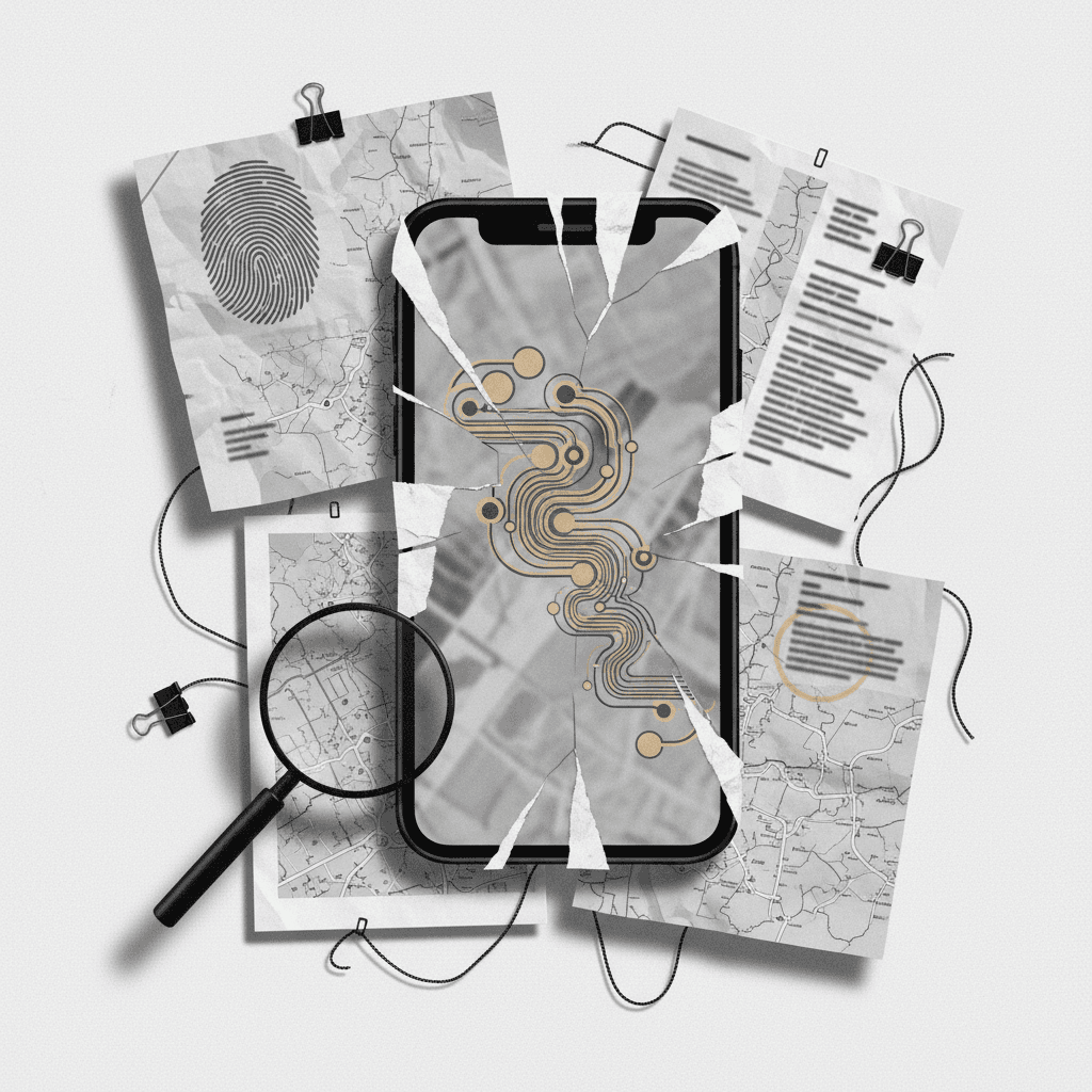 # Alt Text:

Scattered documents and magnifying glass arranged on monochrome surface with ochre-colored accent stripe, suggesting investigation and evidence gathering.