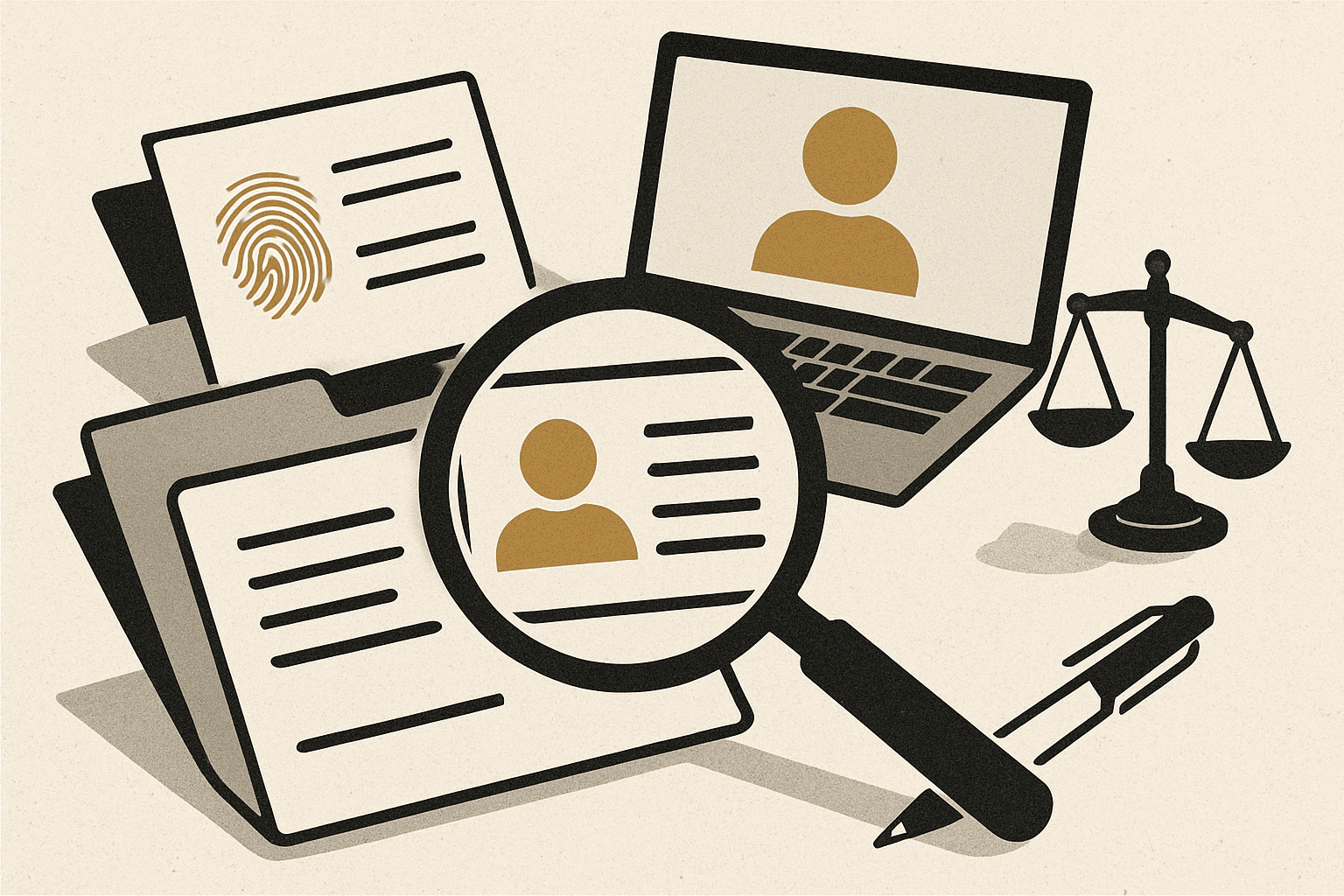 Scattered official documents, identification papers, and verification stamps arranged on a neutral background with ochre accents throughout.
