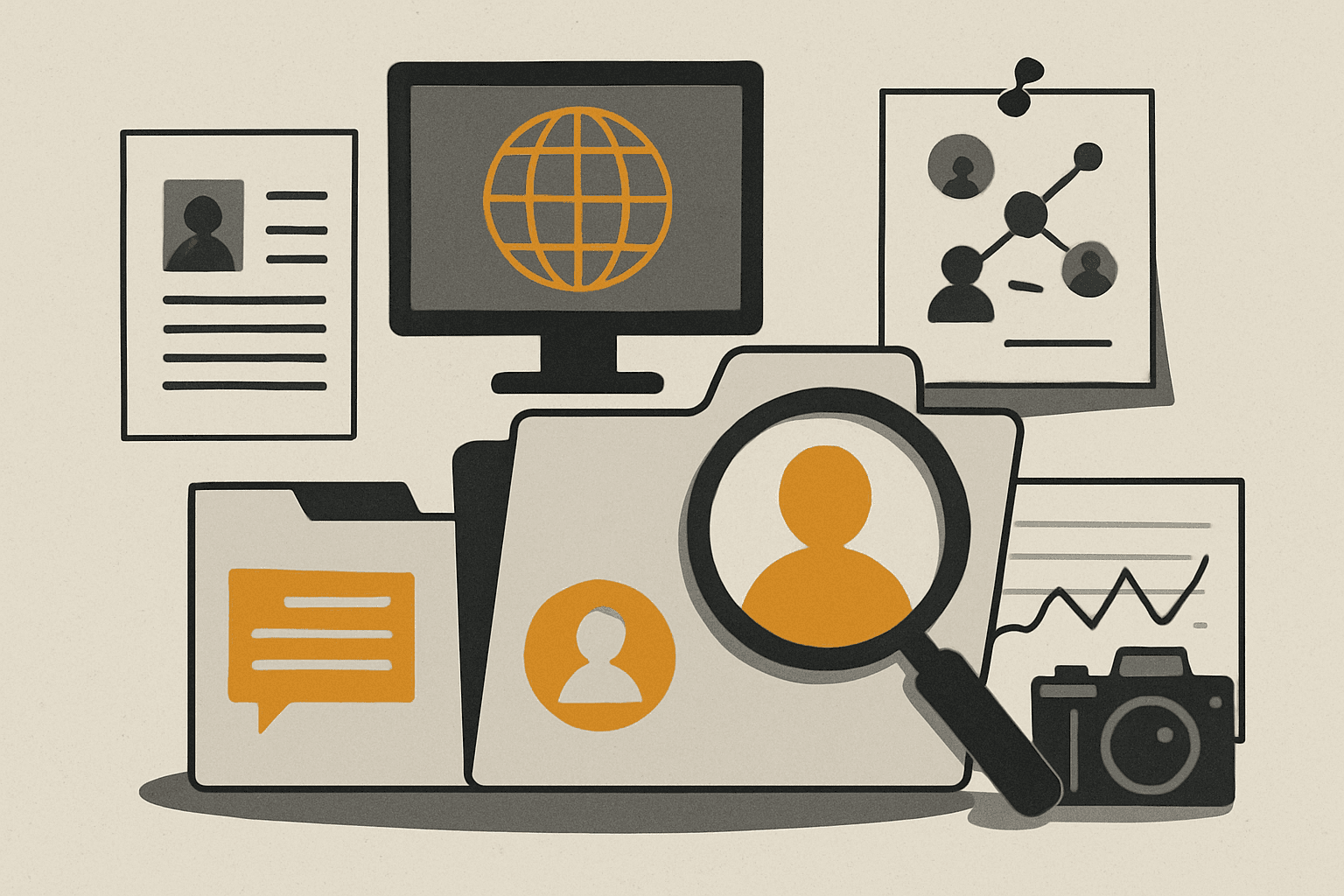 A scattered collection of documents, photographs, and evidence cards arranged on a neutral surface with ochre accent details.