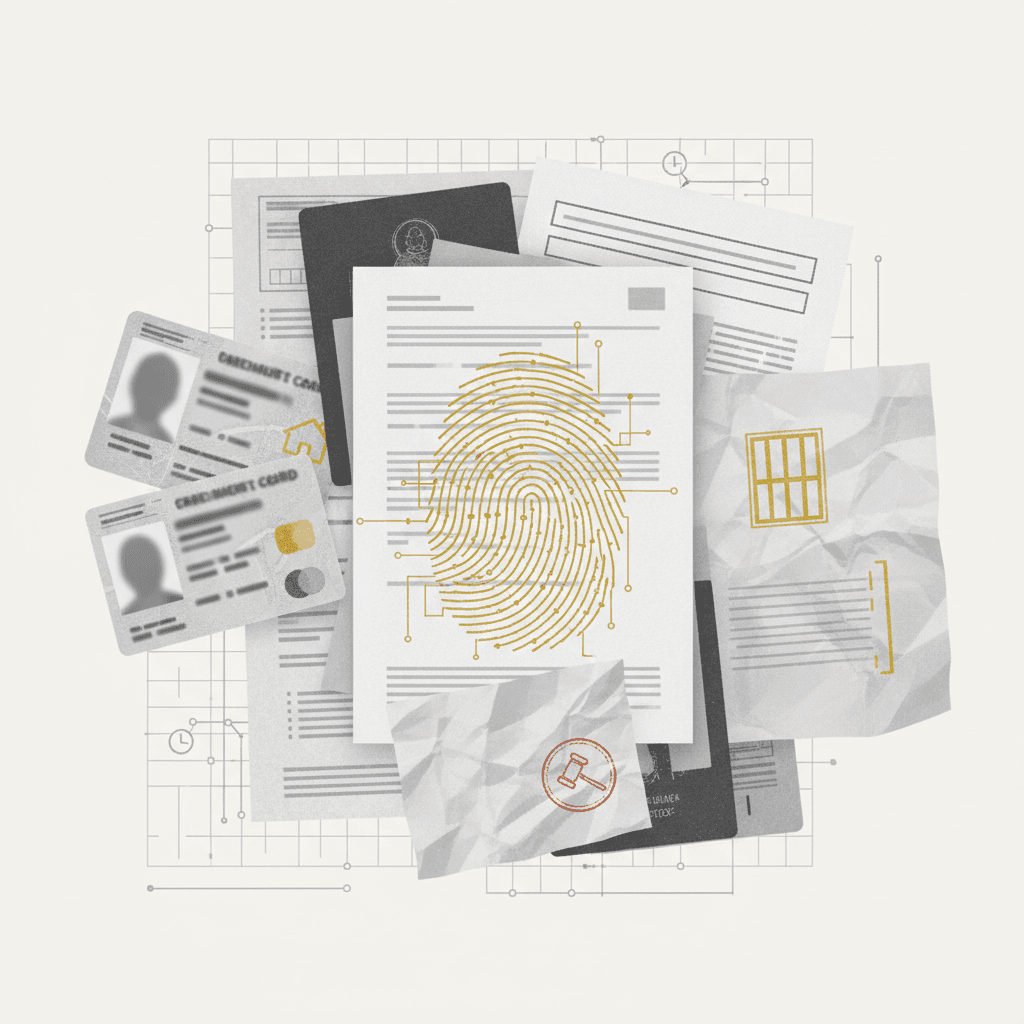 A collection of official documents, records, and files arranged on a neutral surface with ochre accent details.