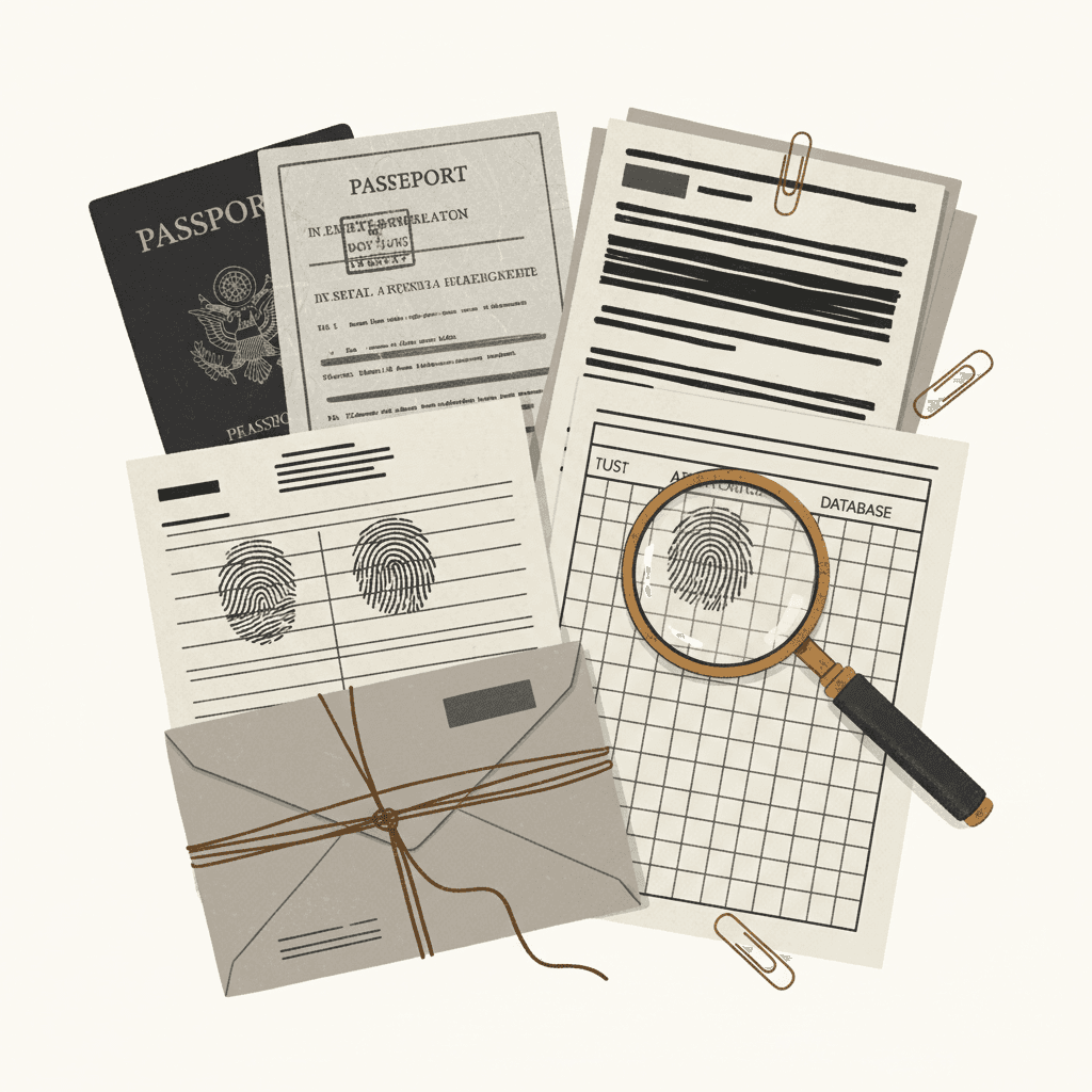 # Alt Text:
Close-up of official documents and magnifying glass with ochre accent on monochrome background.