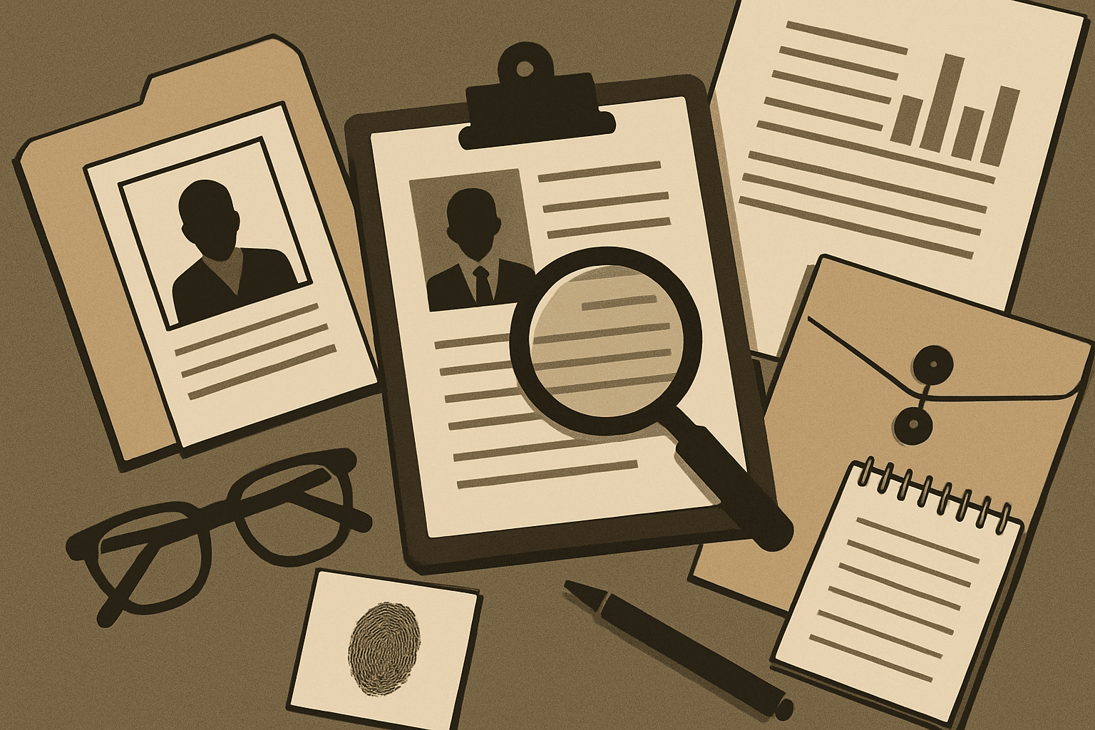 A stack of official documents and folders arranged with a magnifying glass, rendered in grayscale with warm ochre accents.