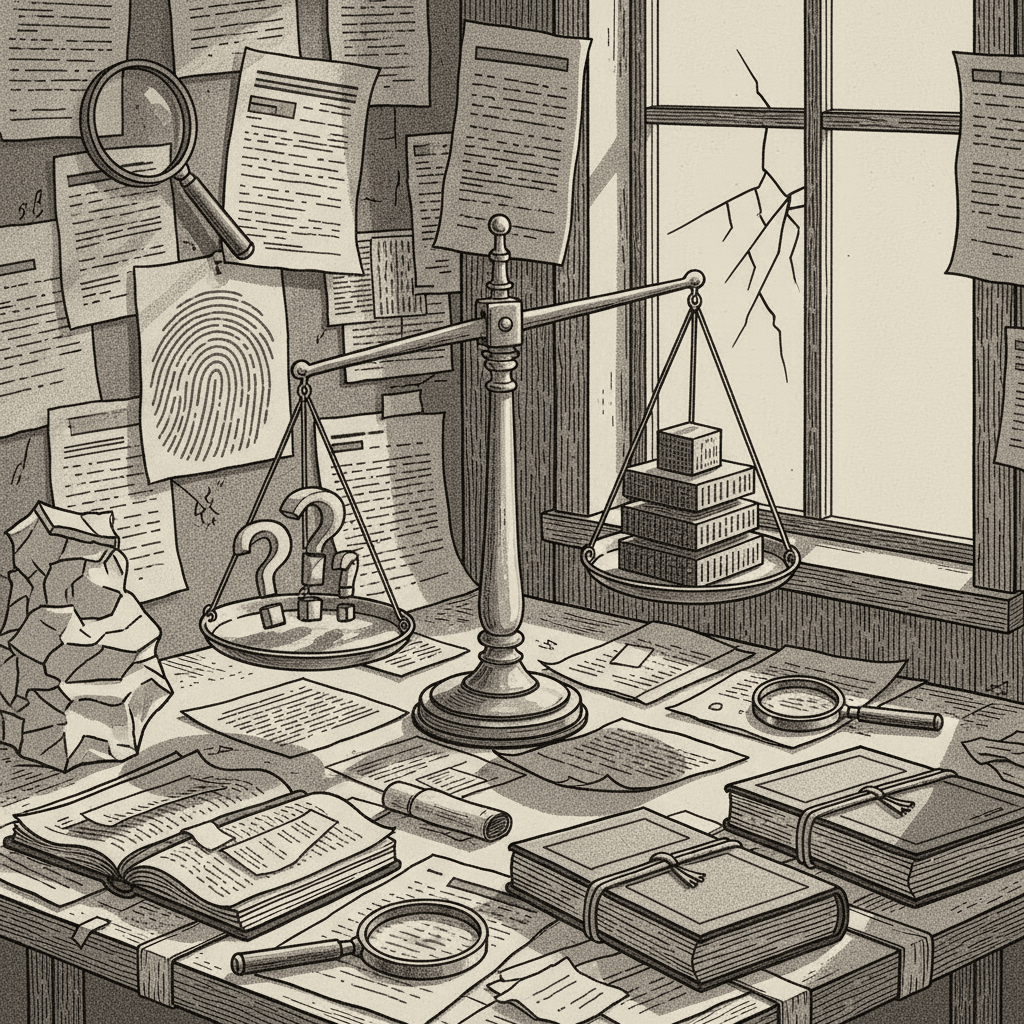 Close-up of stacked documents and files with magnifying glass examining details, ochre folder accent visible.