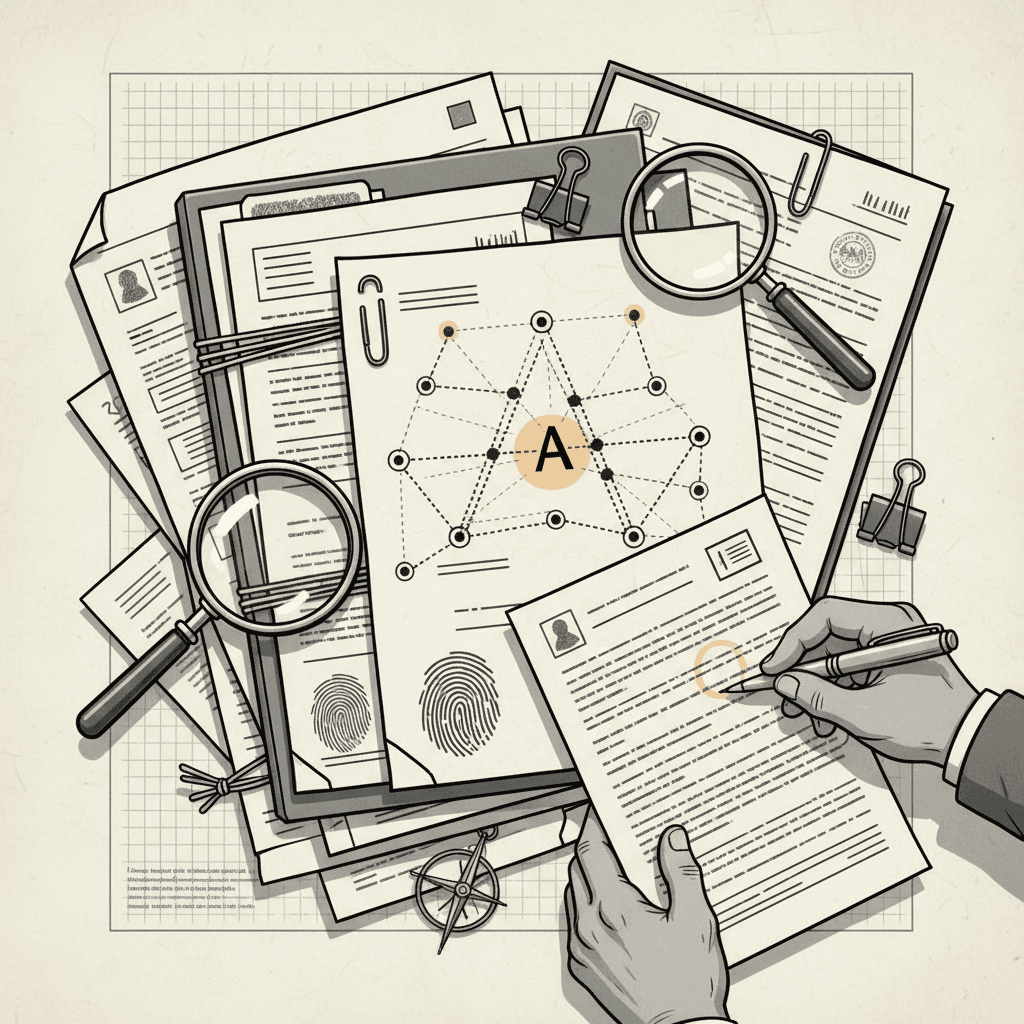 # Alt Text
Stacked documents and magnifying glass with ochre accent, symbolizing thorough investigation and evidence review process.