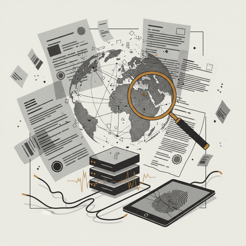 # Alt text for digital due diligence blog cover:
Stacked documents and magnifying glass with ochre accent, representing thorough investigation and evidence review.