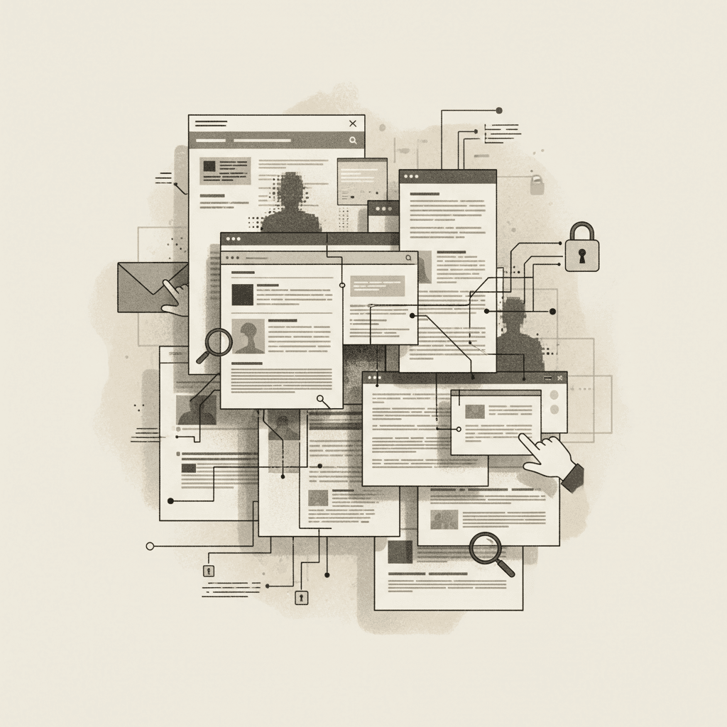 # Alt Text for Email OSINT Blog Cover
"Scattered documents and evidence markers arranged on a neutral surface with an ochre accent element, monochrome aesthetic."