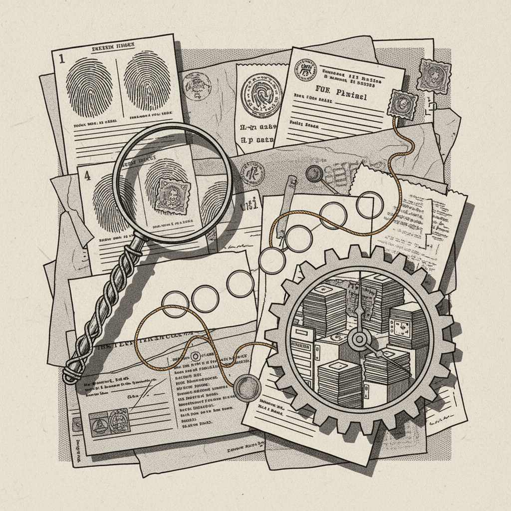 # Alt Text
Stacked documents and files with magnifying glass and checkmark, ochre accent on neutral background.