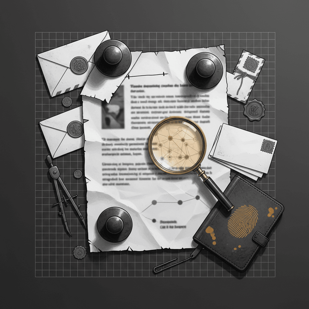 # Alt Text Options
**Option 1:**
Monochrome documents and evidence files arranged with ochre accent folder, suggesting investigation and research materials.
**Option 2:**
Stacked papers and investigation documents in grayscale with single ochre folder, representing information gathering and analysis.
**Option 3:**
Evidence files and documents layered in black and white with ochre highlight, symbolizing intelligence collection methodology.