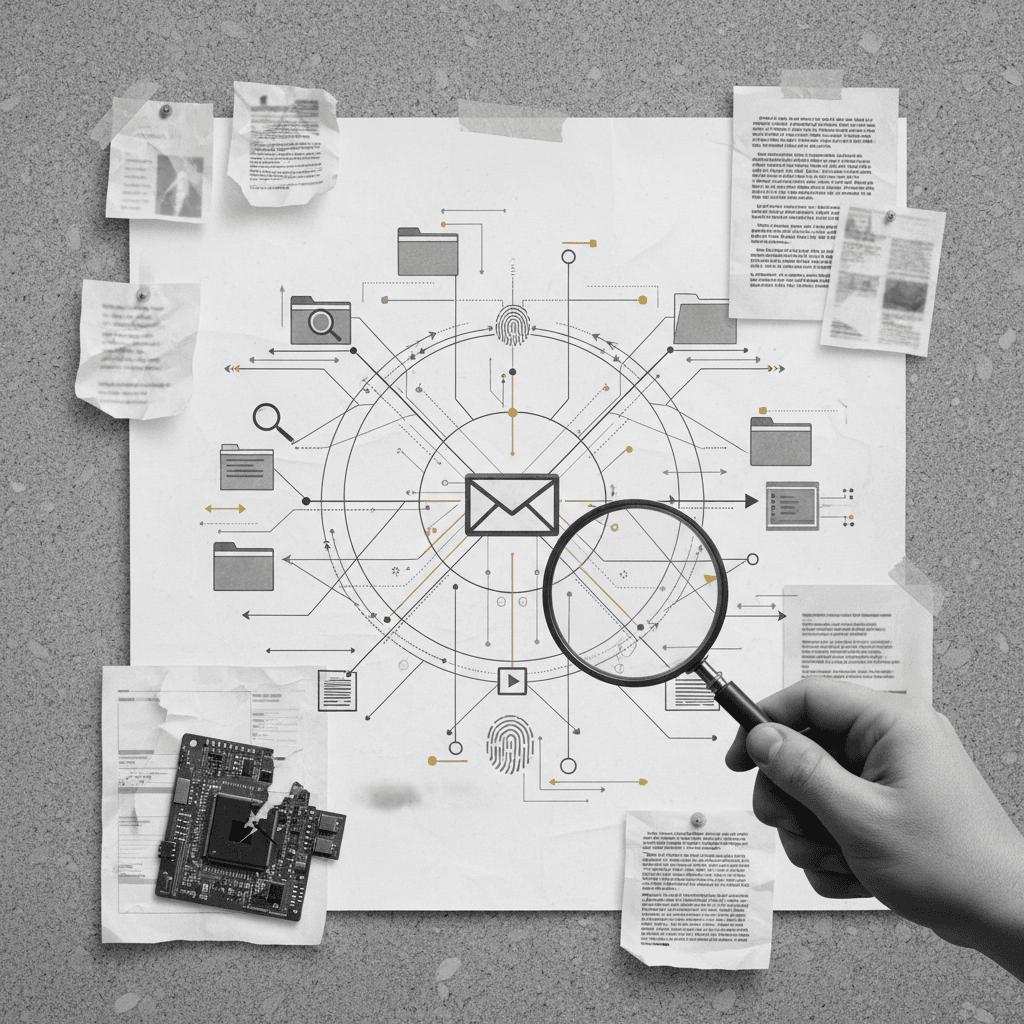 # Alt Text for OSINT Email Search Blog Cover
A magnifying glass examining an email envelope surrounded by scattered documents and evidence markers in monochrome with ochre accents.