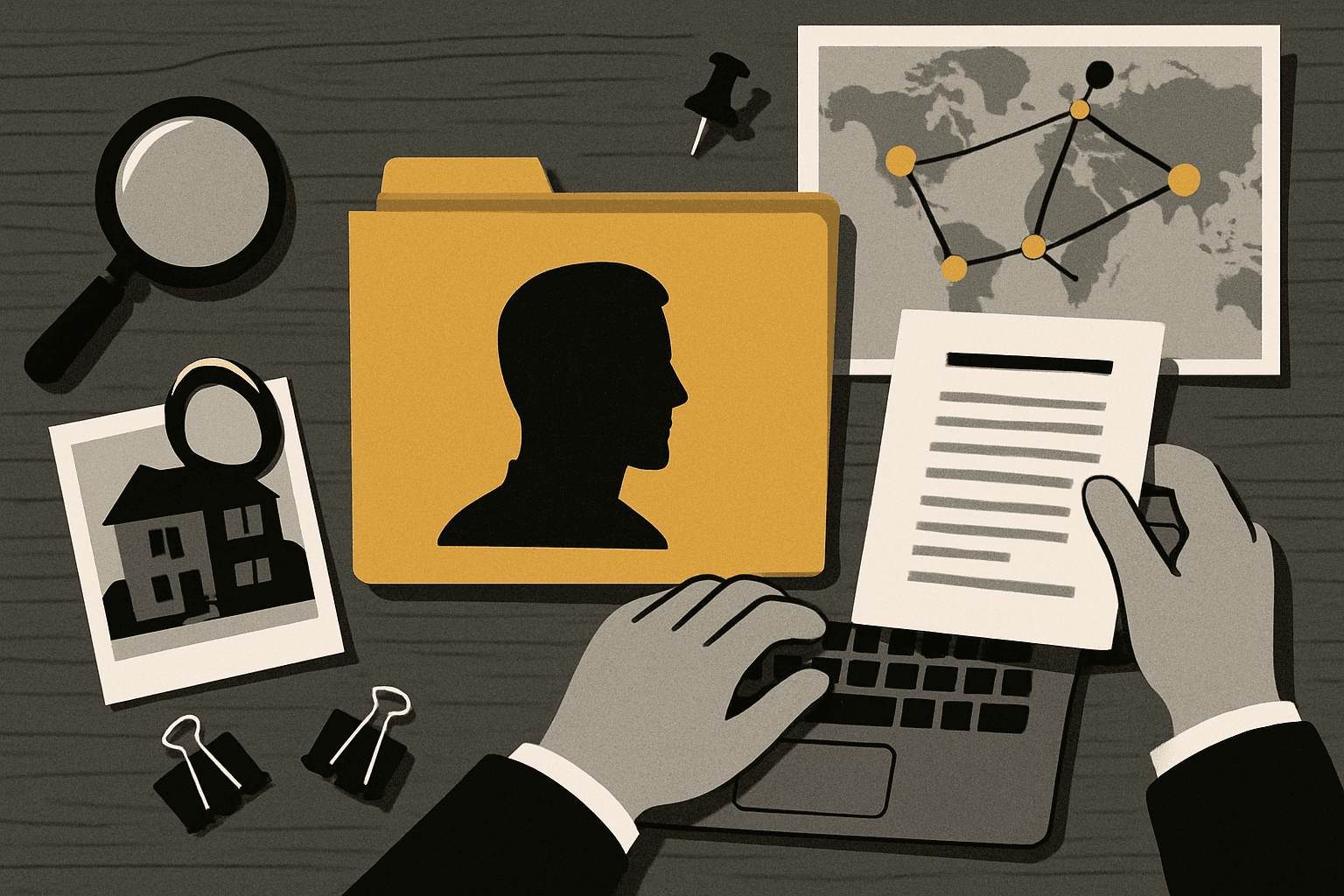 A scattered collection of classified documents, magnifying glasses, and evidence markers arranged on a neutral background with ochre accents.
