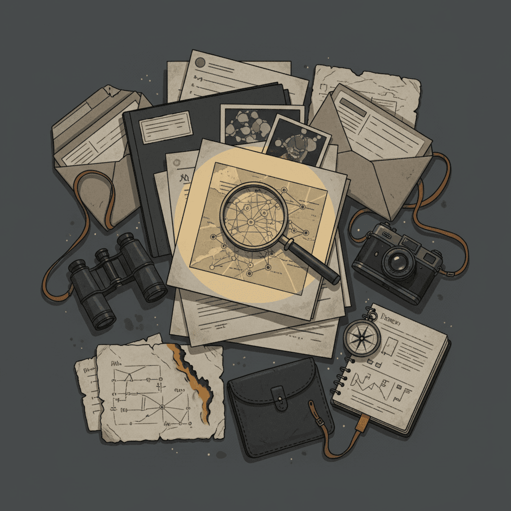 # Alt Text Suggestion
Stacked documents and magnifying glass on muted background with ochre accent line detail.