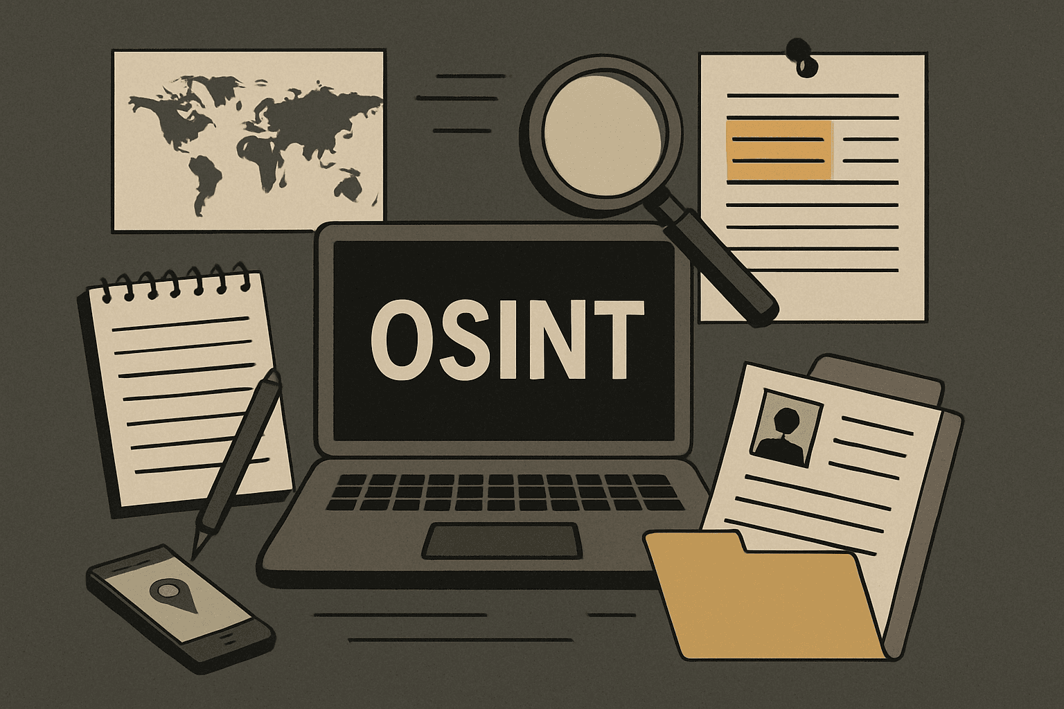 A close-up of layered documents and evidence markers with ochre-colored accent details on a monochrome background.