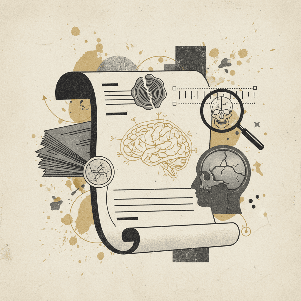# Alt text:
Close-up of official documents and evidence files with ochre accent details on neutral background.