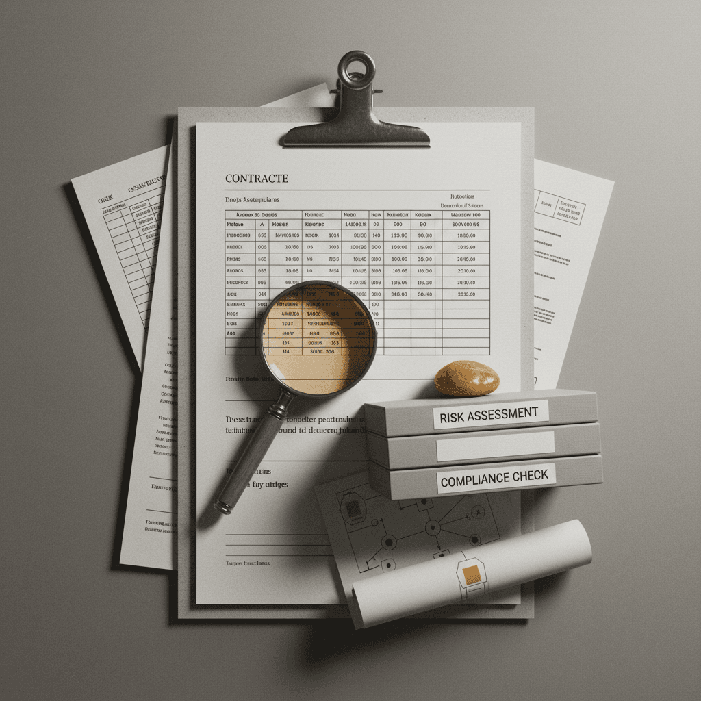 # Alt text:
Scattered documents and evidence files with a single ochre-colored accent, representing thorough vendor verification processes.